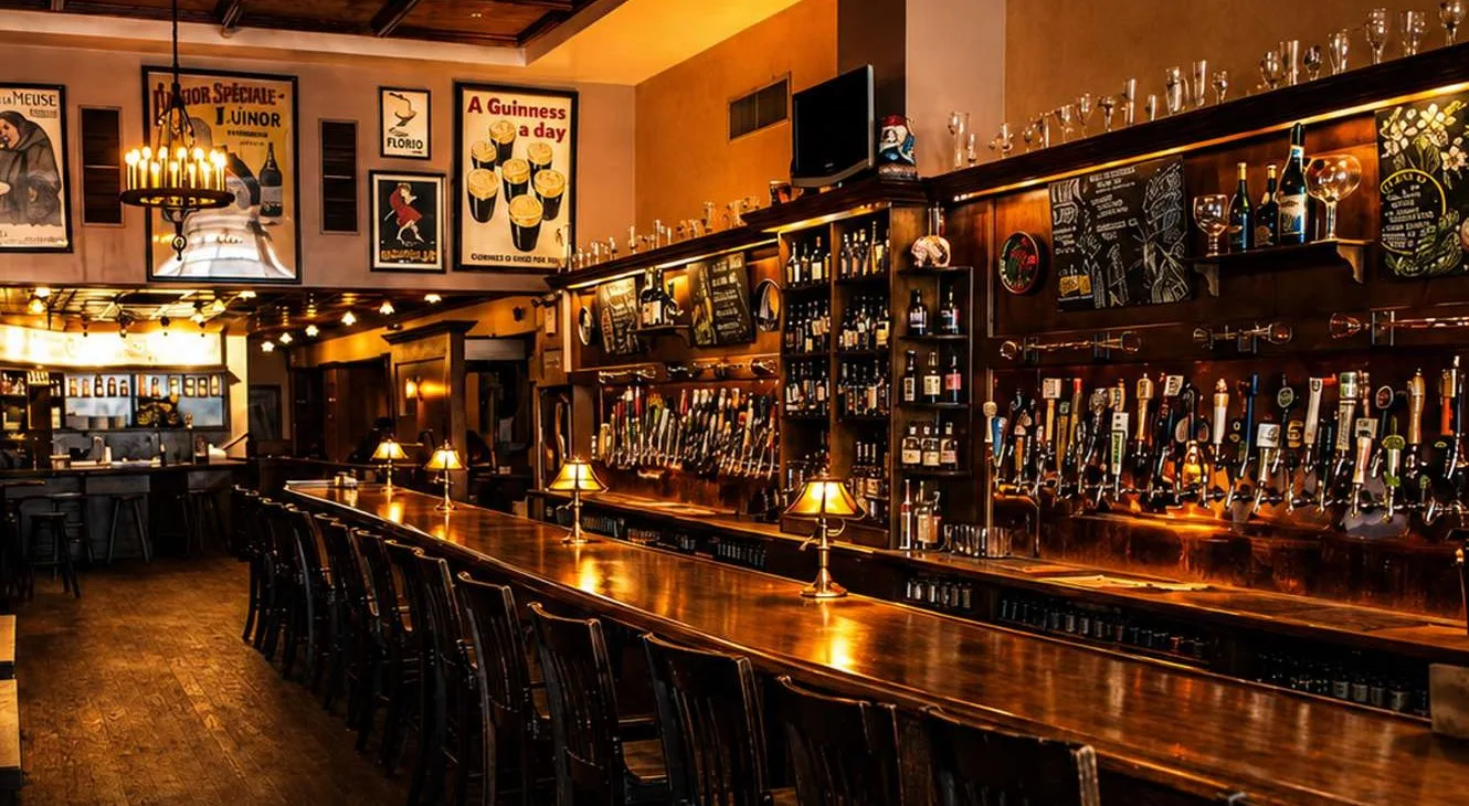 The main bar with craft beer taps and vintage posters